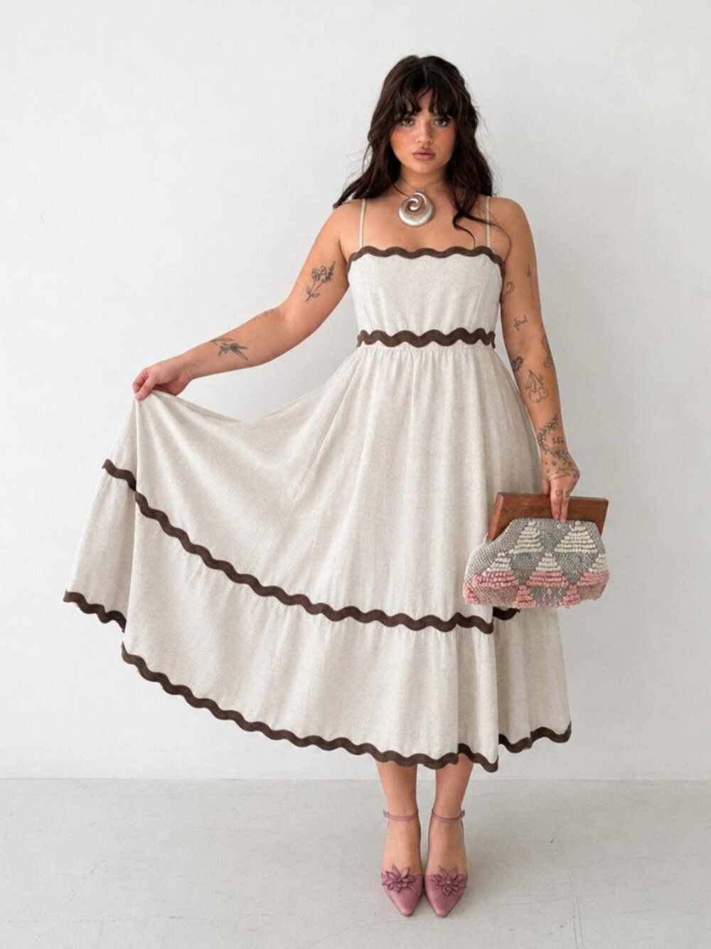 Sim & Sam Linen Midi Fit & Flare Dress Circle Skirt Size Large Beige Brown (j)